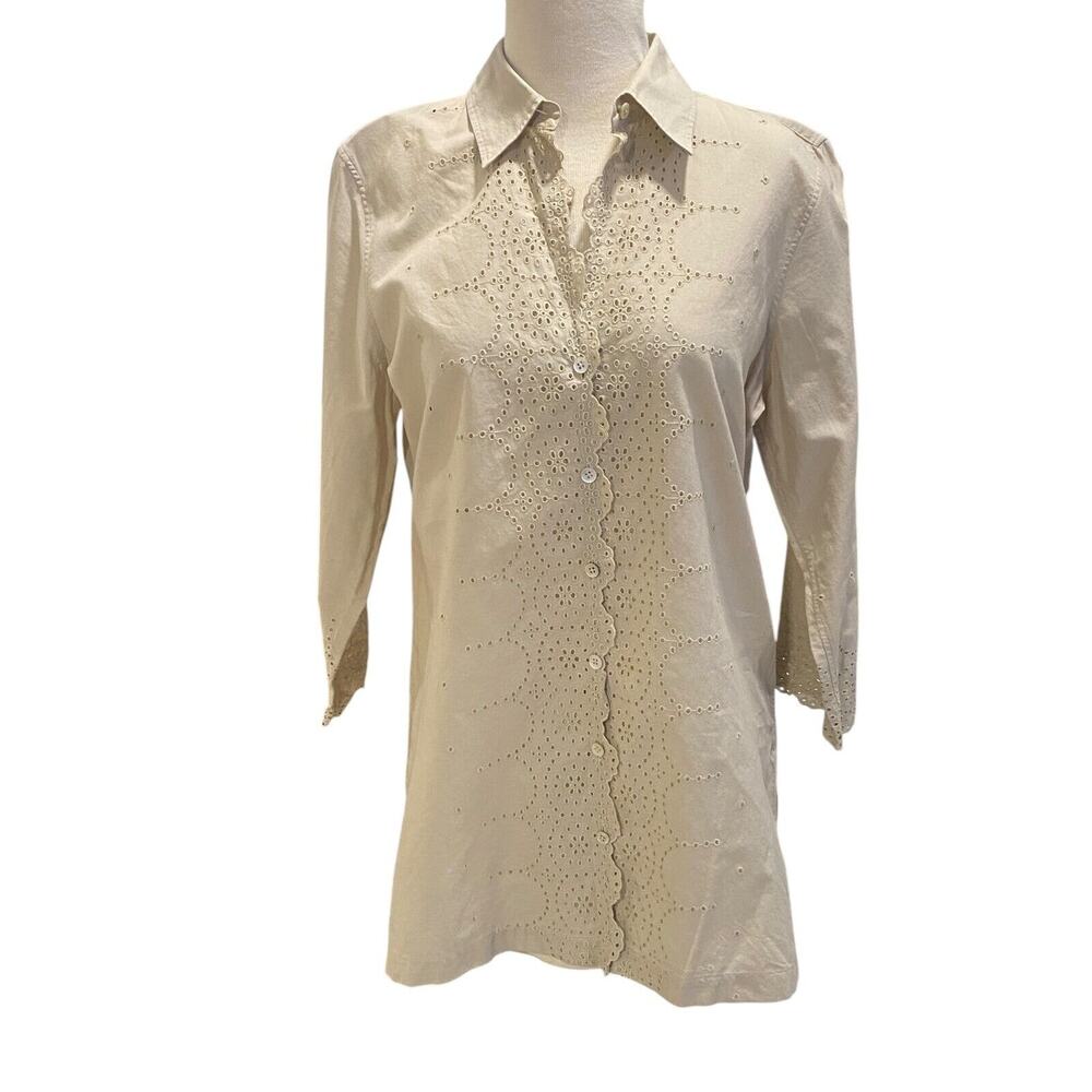 06 Paperwhite Women Collared Long Sleeve Lace Edge Tan Button Down Tunic Blouse